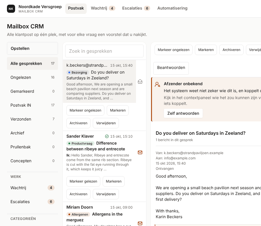 Schermafdruk van de demo in de eigen indeling: de lijst met knoppen bij elke mail, de geopende mail met een voorgesteld antwoord en rechts een samenvatting en de klantgegevens.